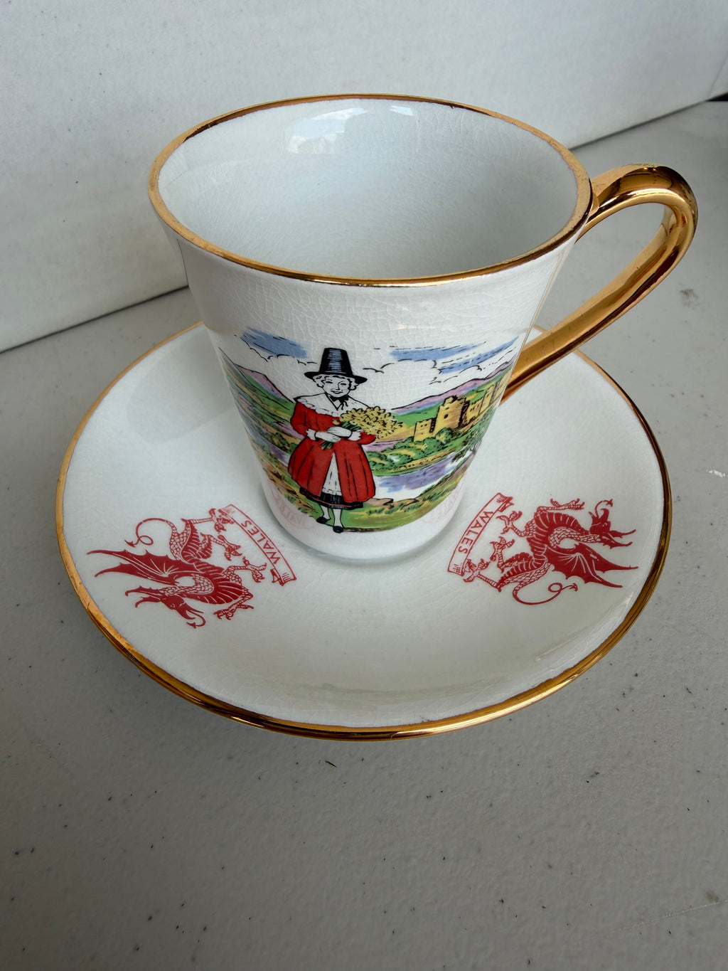 Welsh souvenir teacup and saucer.