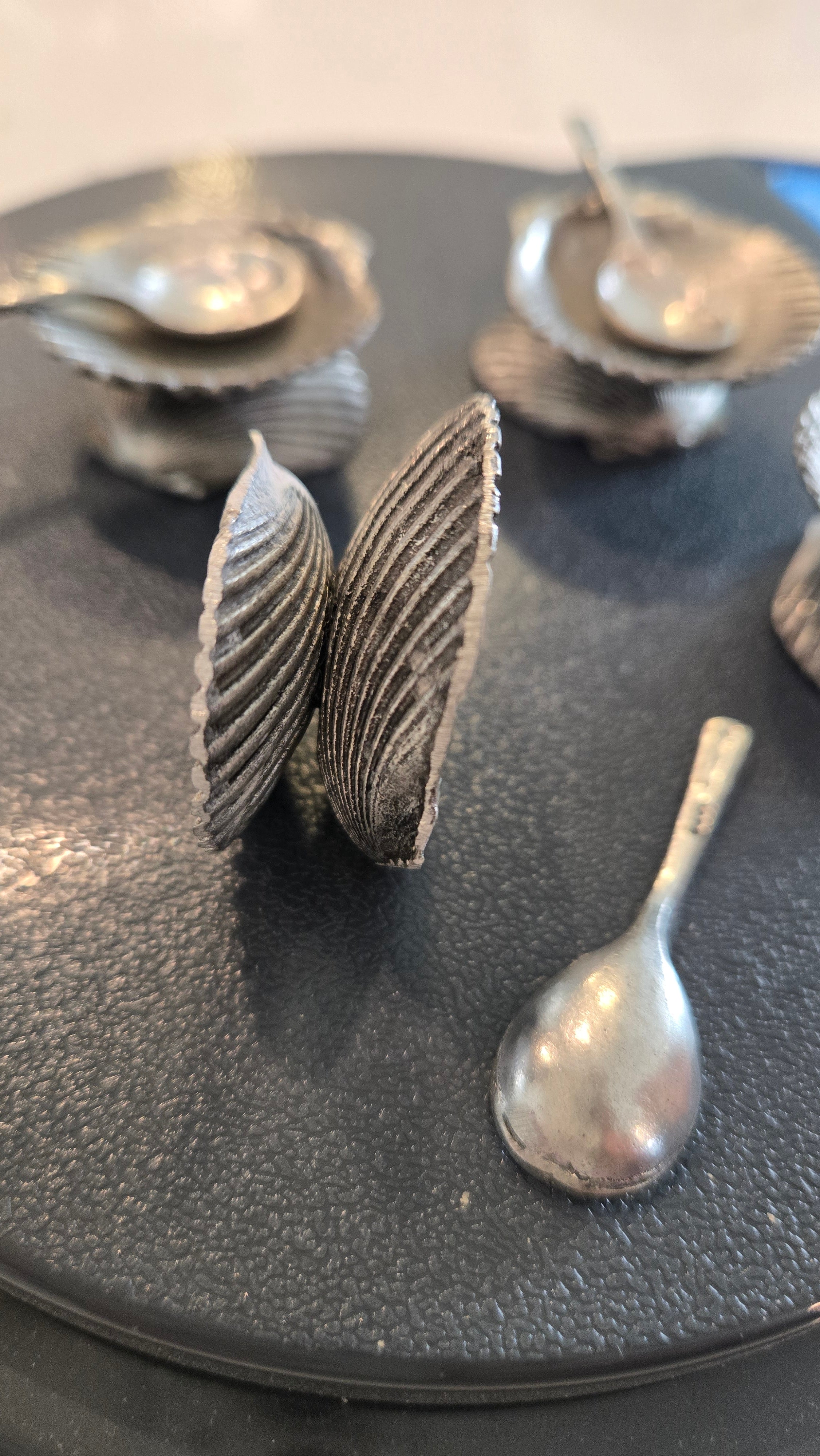4 Pewter Clam Salt Cellars with Spoons