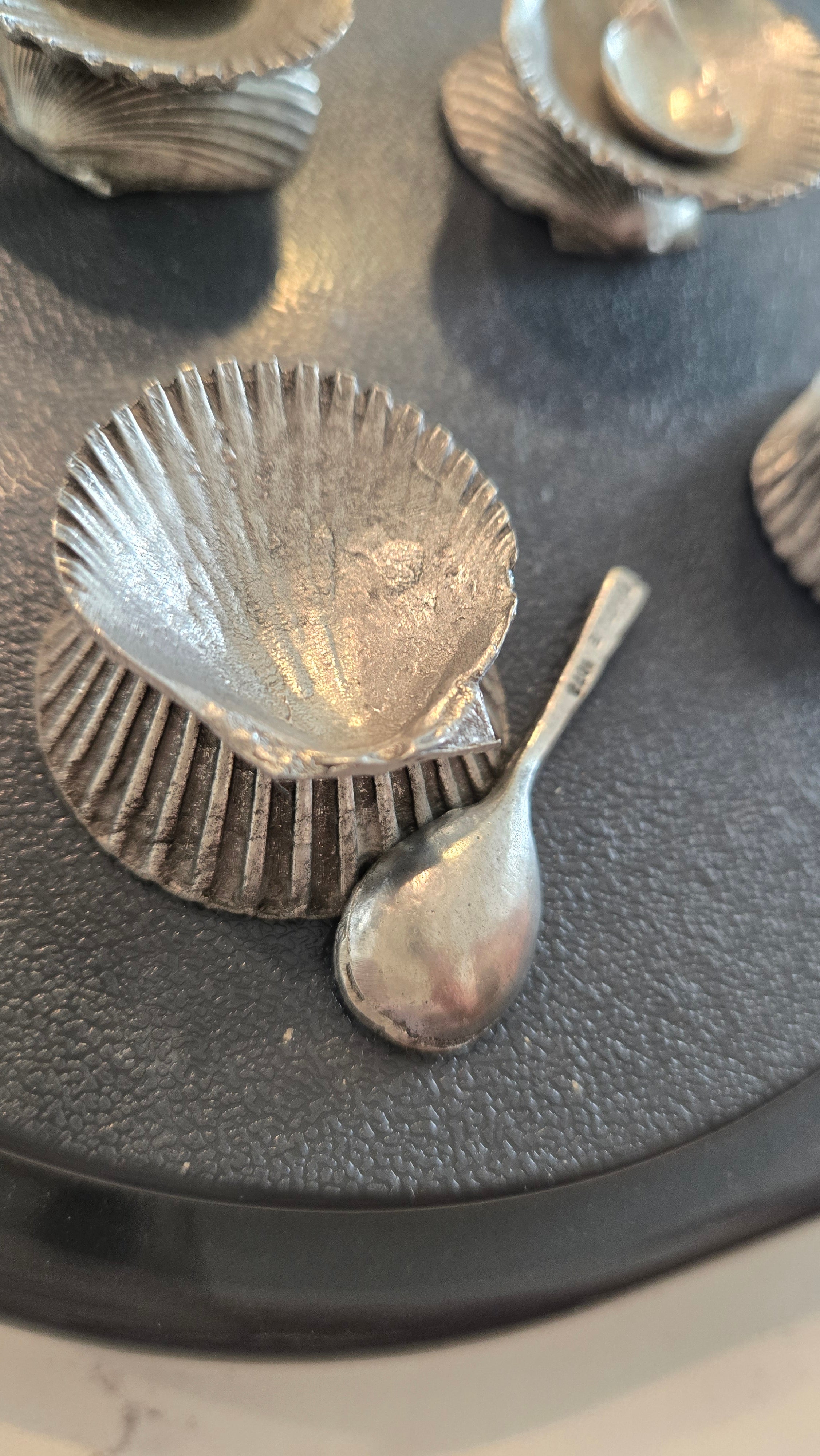 4 Pewter Clam Salt Cellars with Spoons