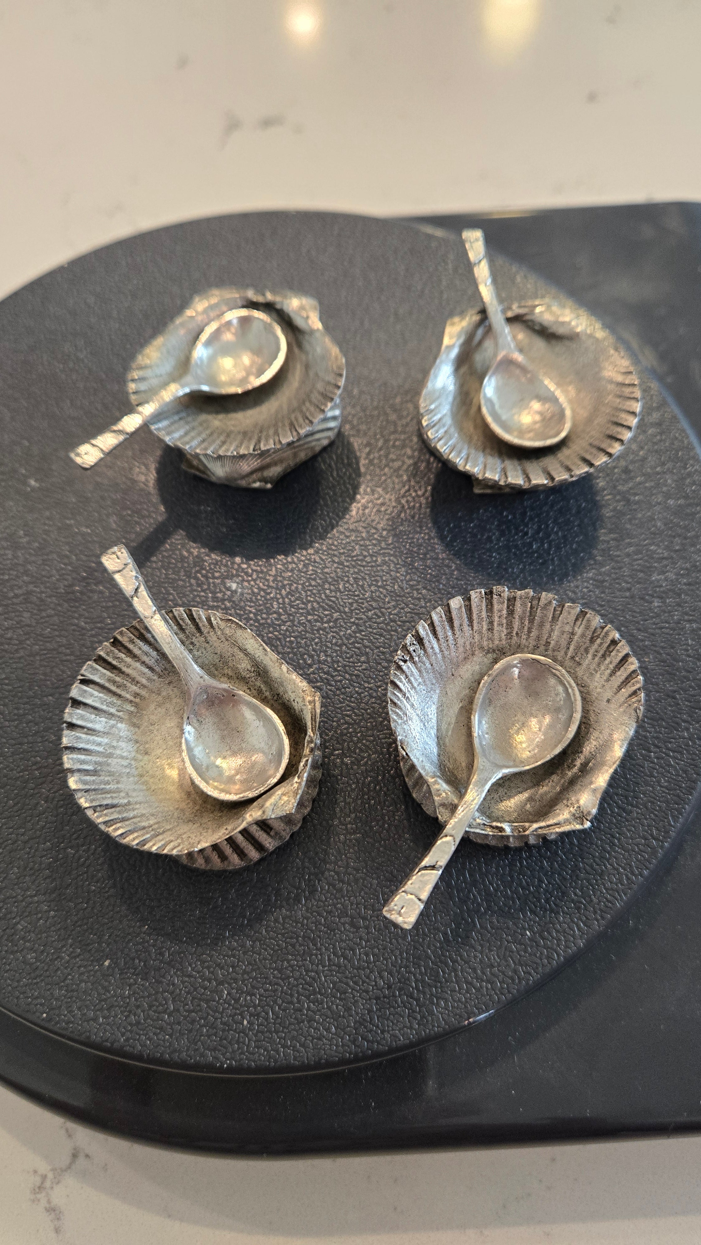4 Pewter Clam Salt Cellars with Spoons